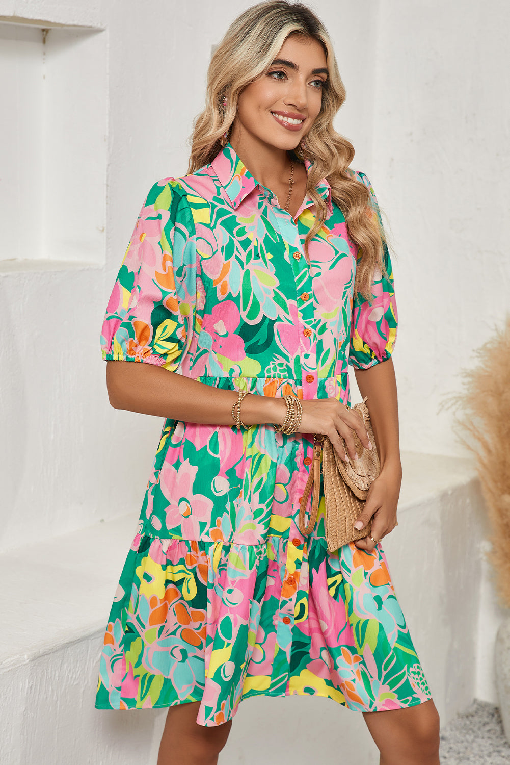 Green Floral Puff Sleeve Dress