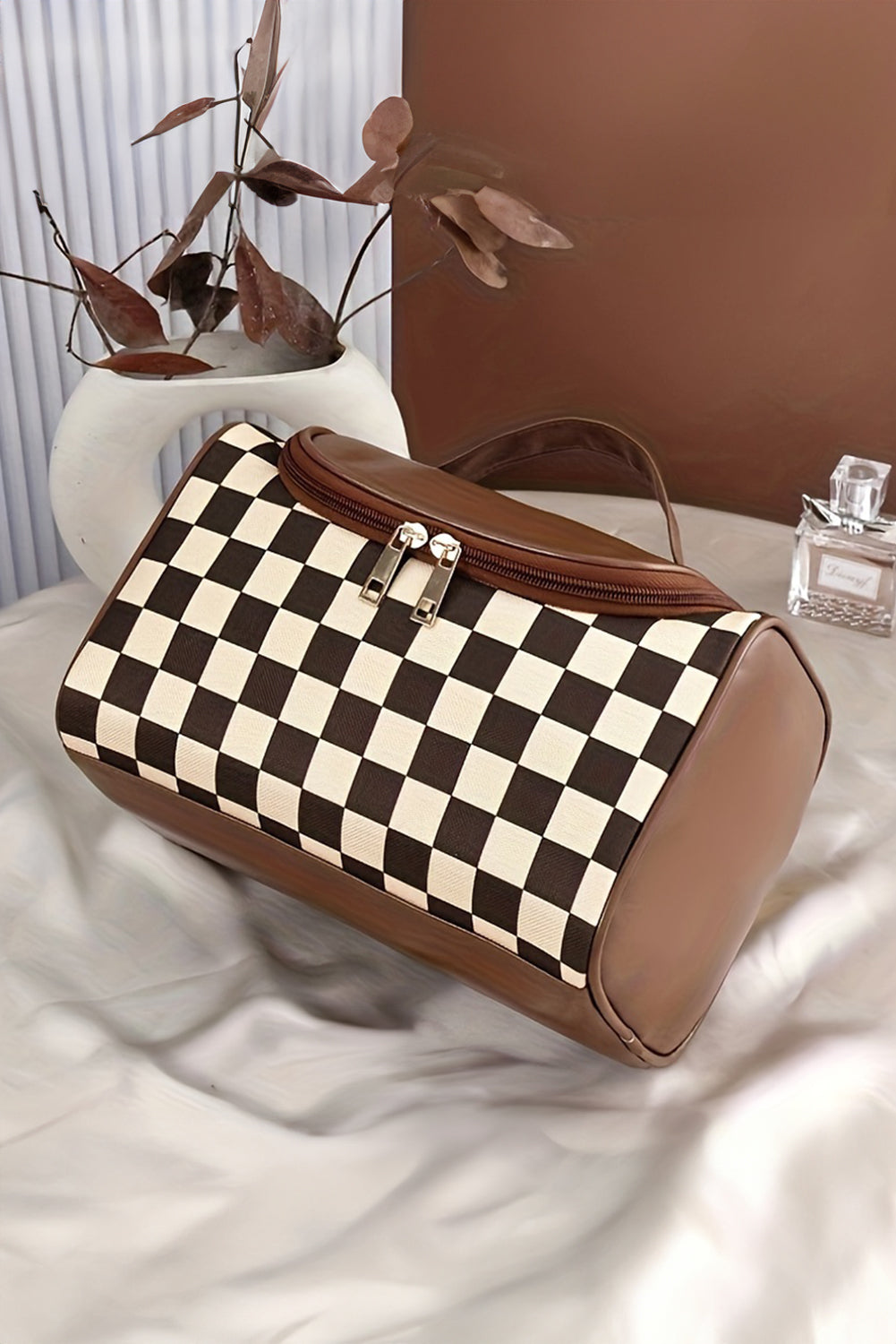 Checkered Large Cosmetic Bag with Handle