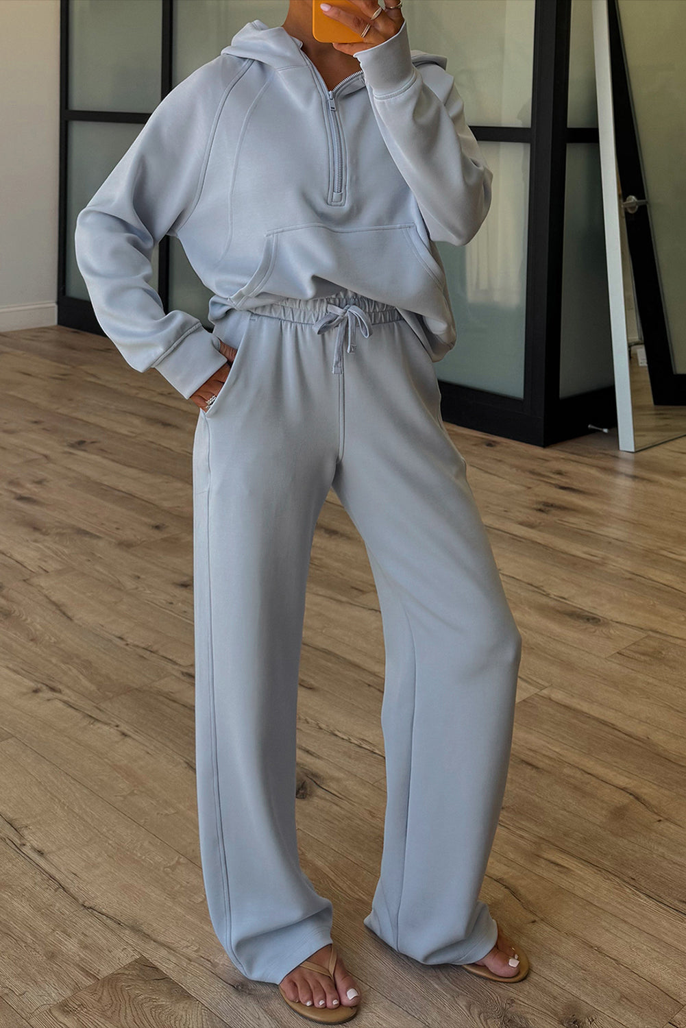 Blue Half Zip Thumbhole Sleeve Hoodie Active Pants 2pcs Outfit