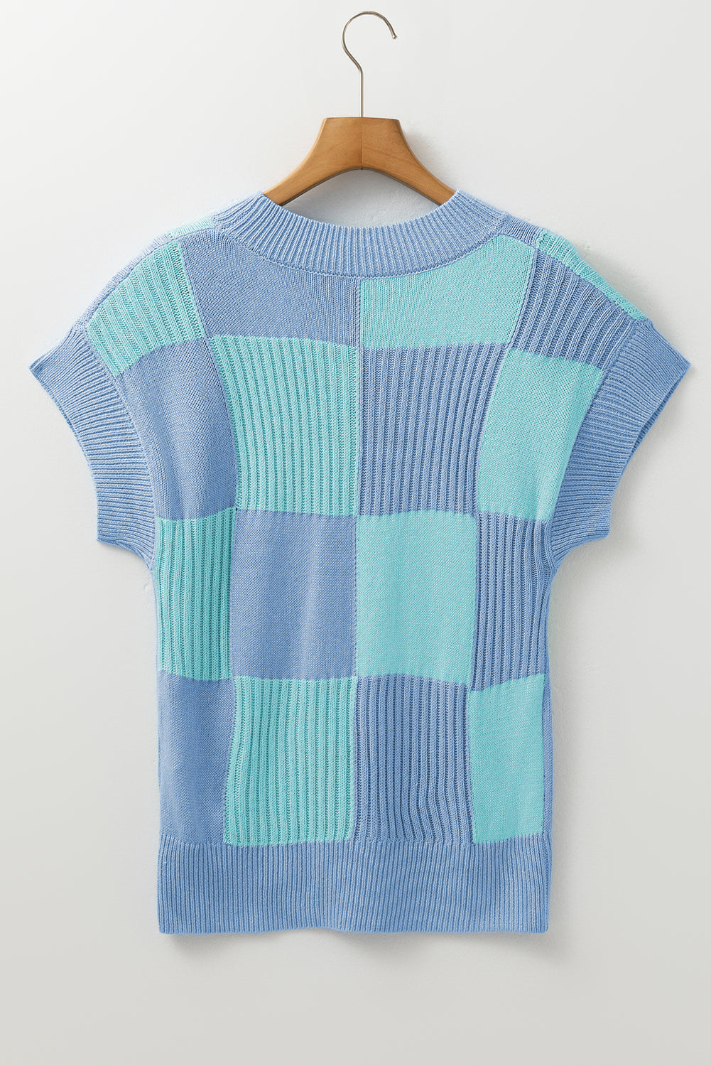 Khaki Checkered Crew Neck Short Sleeve Sweater