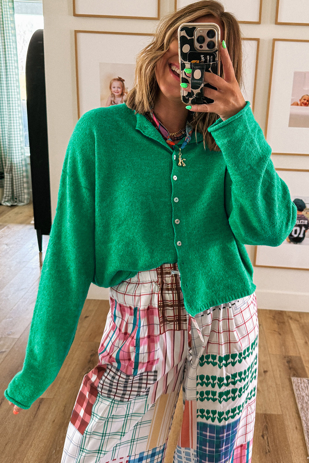 Green Solid Color Knit Cardigan