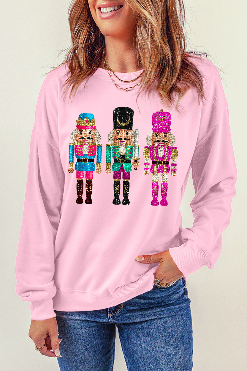 Pink Nutcracker Graphic Drop Shoulder Christmas Sweatshirt