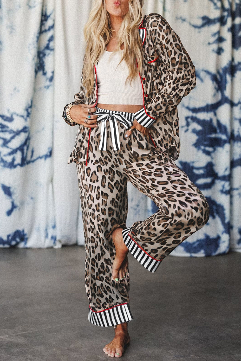 Leopard Print Striped Patchwork Shirt and Pants Pajama Set