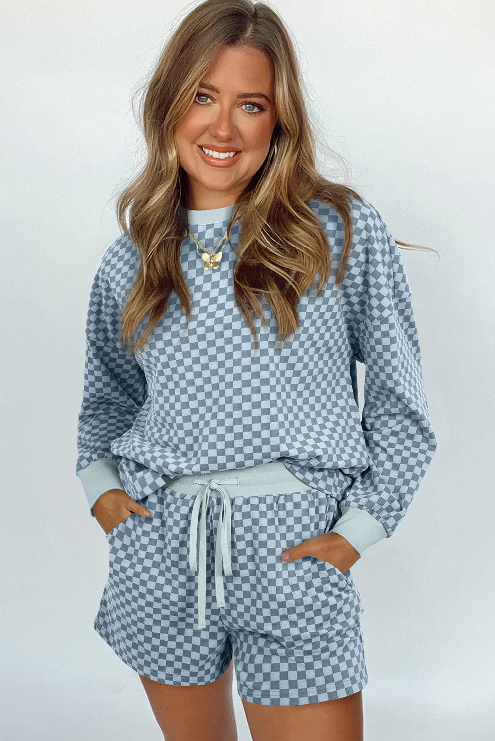 Brown Checkerboard Long Sleeve Pullover and Shorts Set