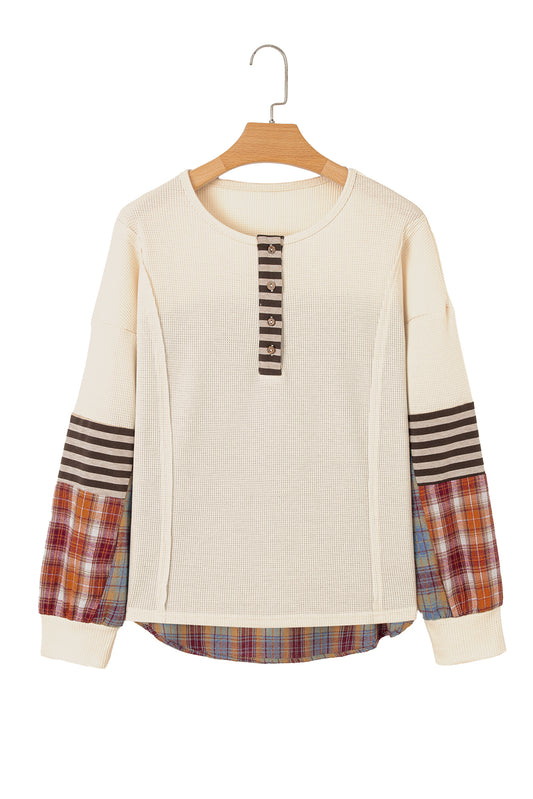 Beige Waffle Stripe Plaid Top