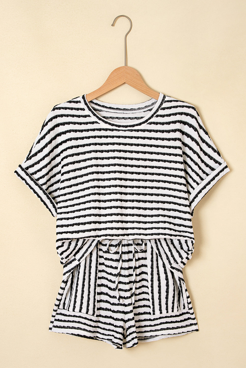 Pink Striped Short Sleeve Top and Pocket Shorts Set
