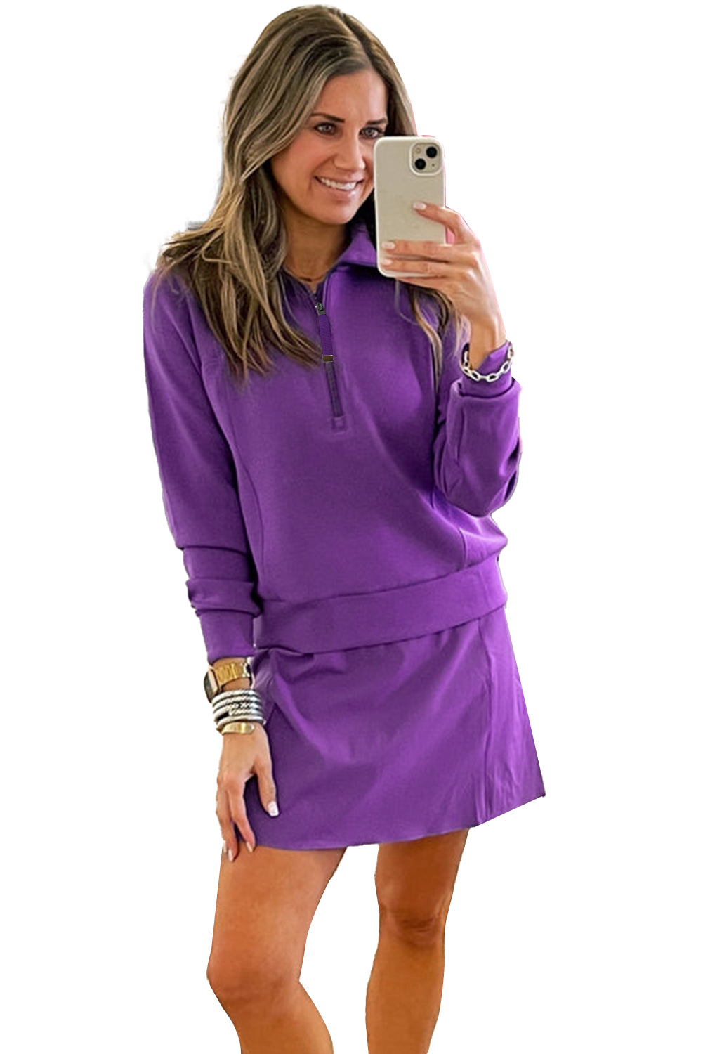 Pink Half Zip Pullover Mini Skirt 2pcs Outfit