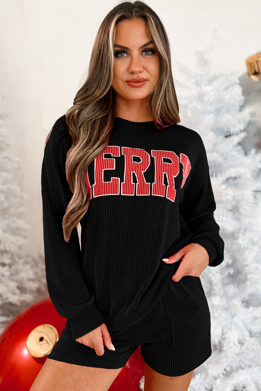 Red MERRY Long Sleeve Top and Shorts Pajama Set