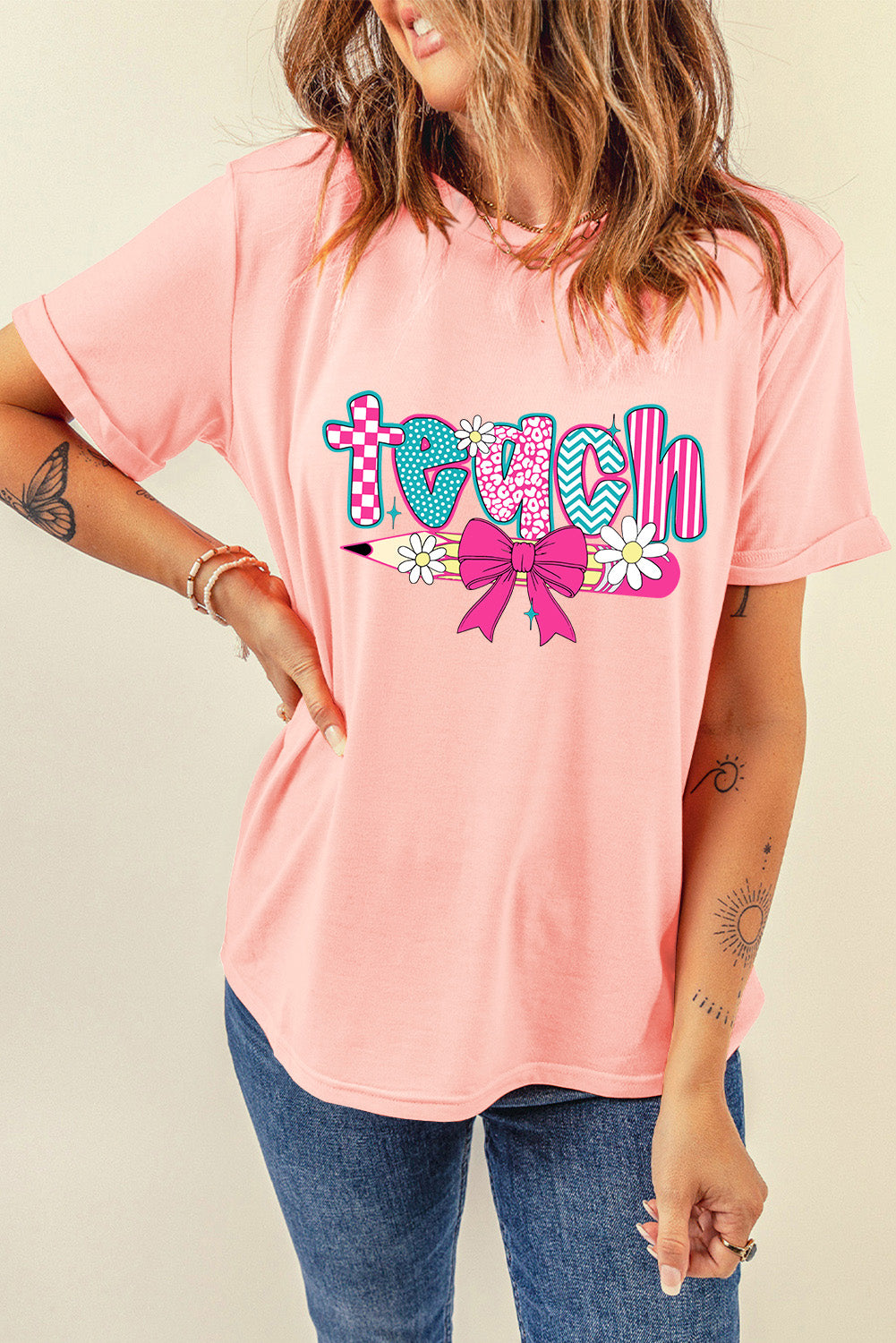 Pink Checkered teach and Bow Pencil Graphic T Shirt