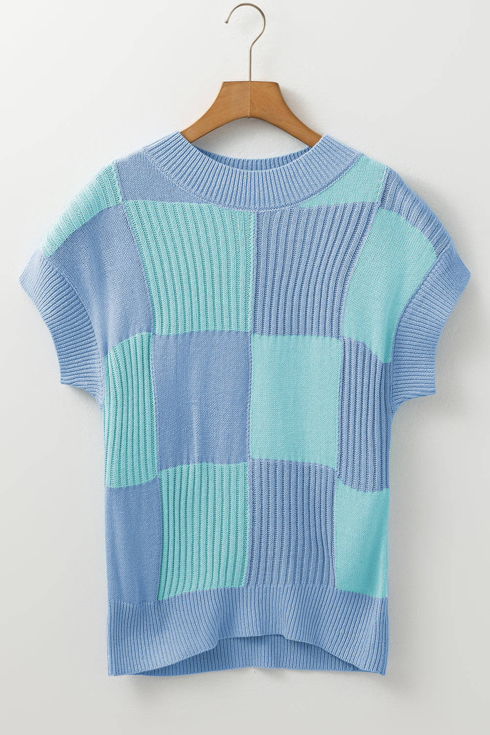 Khaki Checkered Crew Neck Short Sleeve Sweater