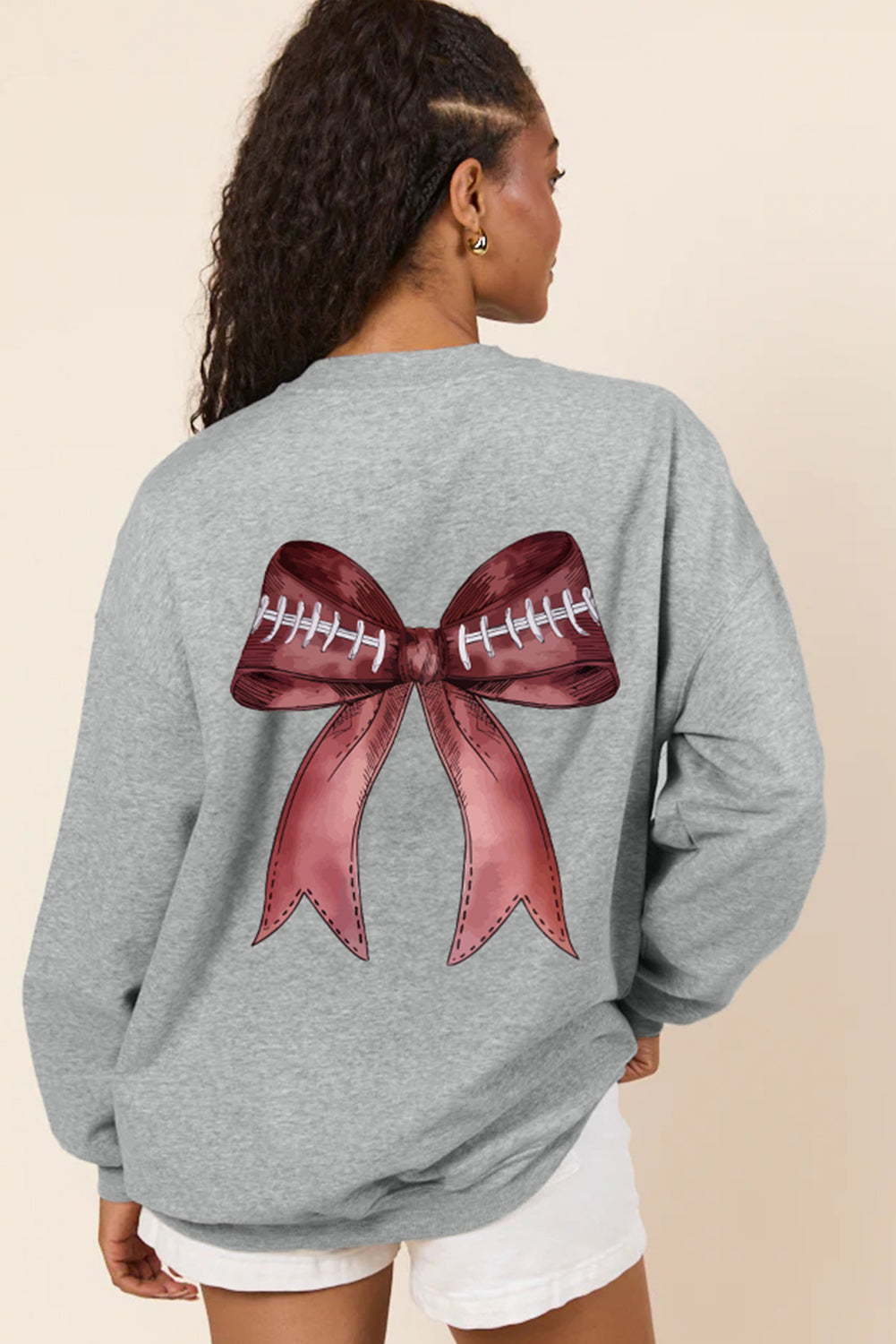 Gray Football Bow Print Pullover Sweatshirt