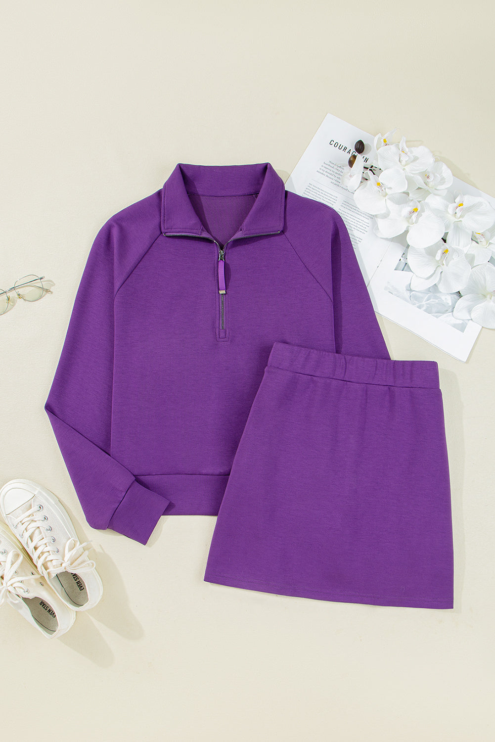 Pink Half Zip Pullover Mini Skirt 2pcs Outfit