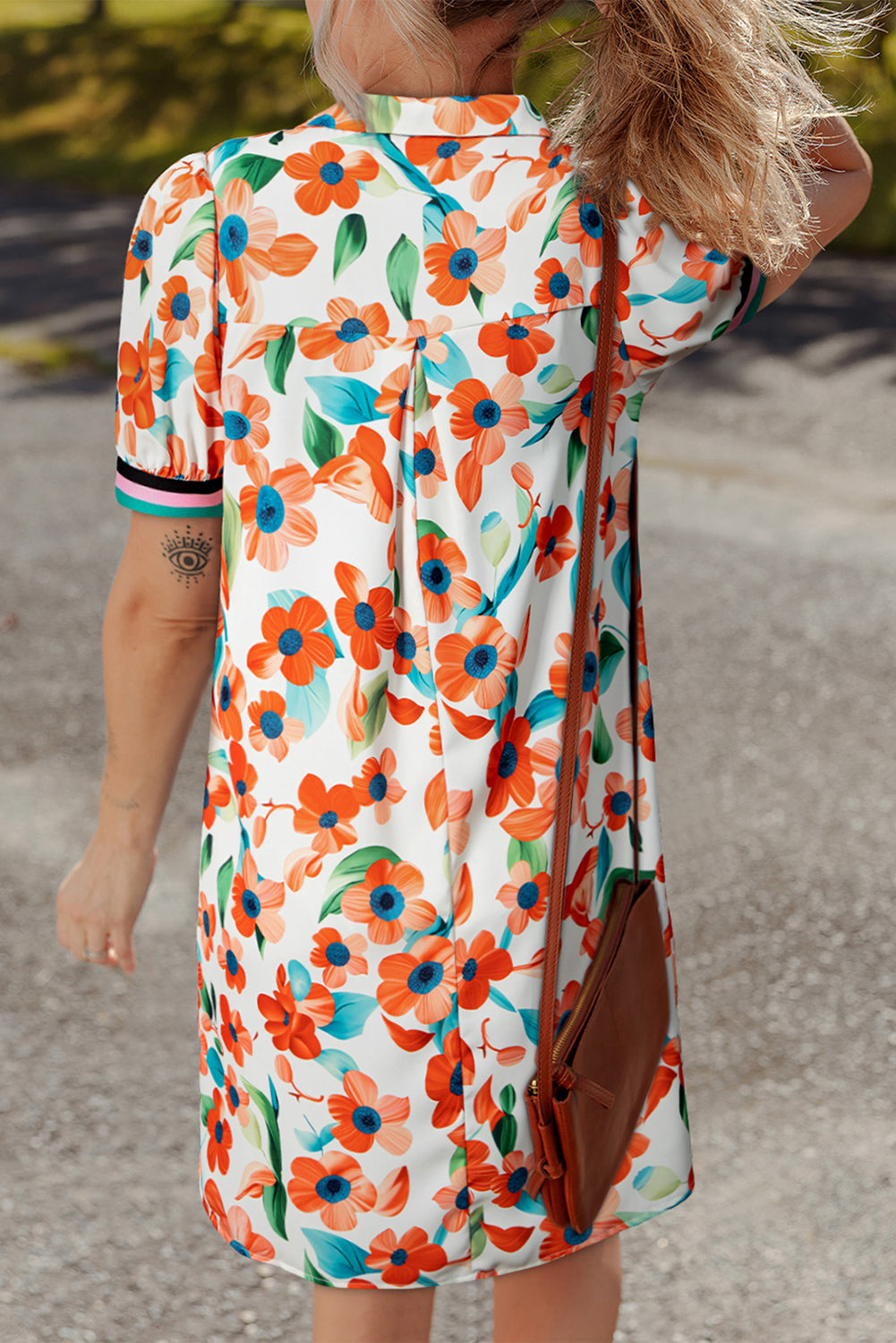 Split Neck Puff Sleeve Floral Mini Dress