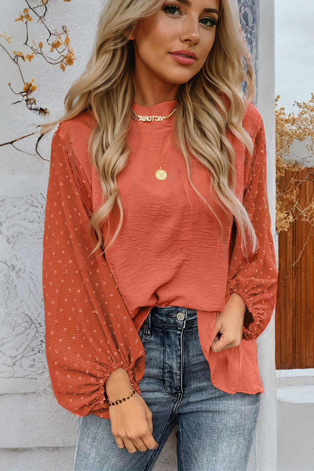 Swiss Dot Balloon Sleeve Patchwork Crinkle Blouse