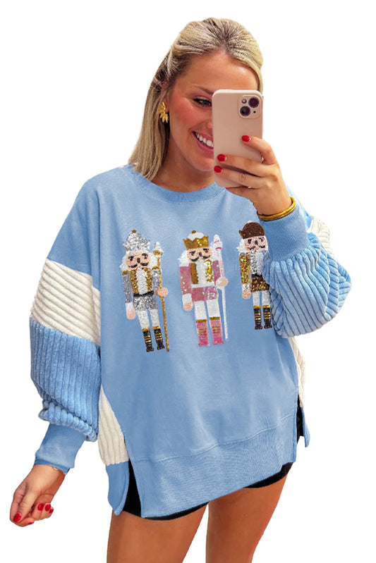 Blue Sequin Nutcracker Textured Sleeve Patchwork Sweatshirt