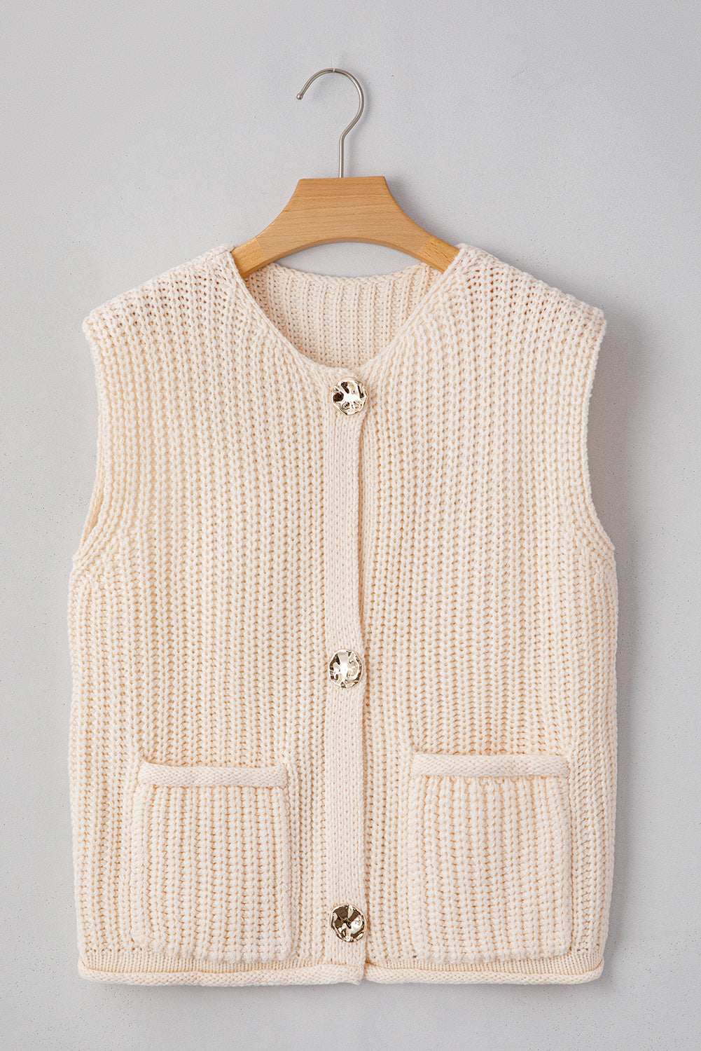 Red Solid Textured Knit Side Pockets Buttoned Sweater Vest