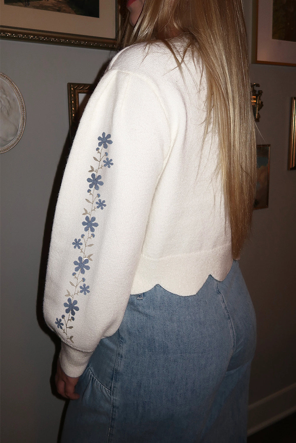 White Floral Cropped Sweater