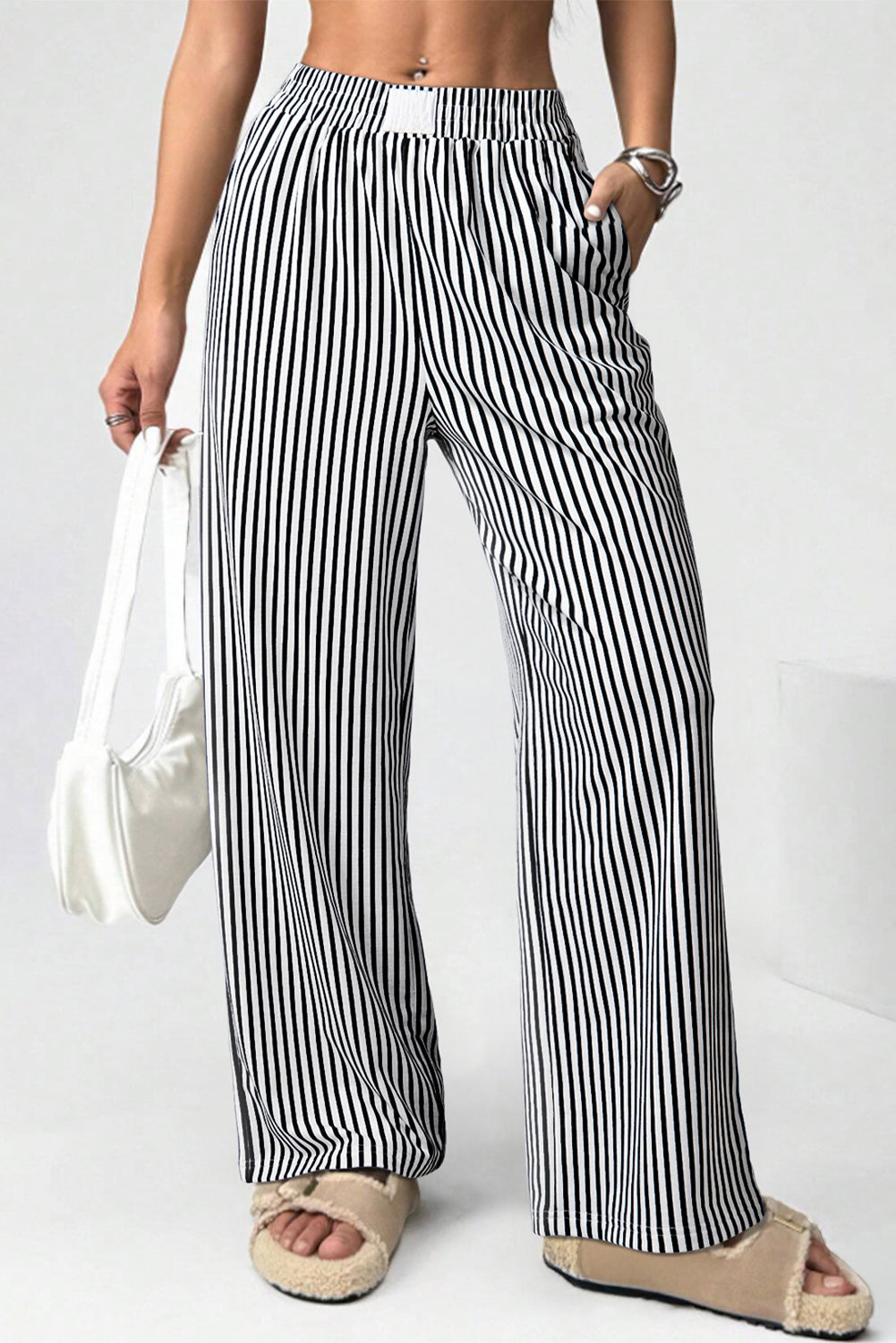 Black Striped Elastic Waistband Loose Pants