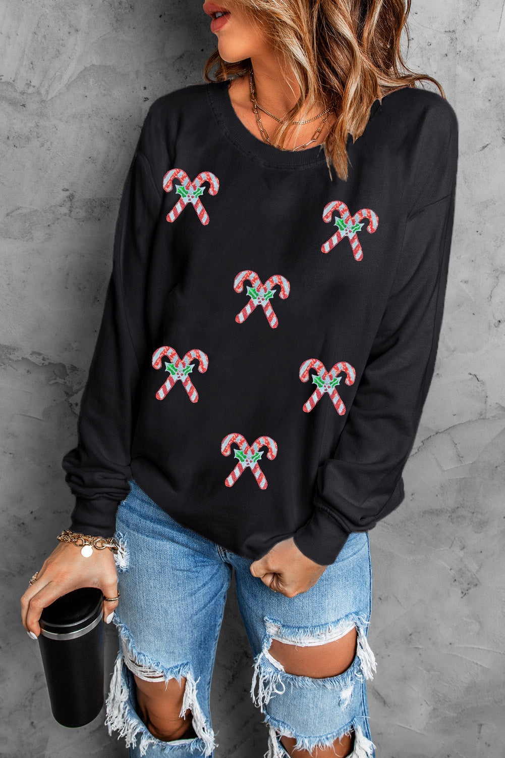 Black Candy Cane Christmas Holiday Sweatshirt