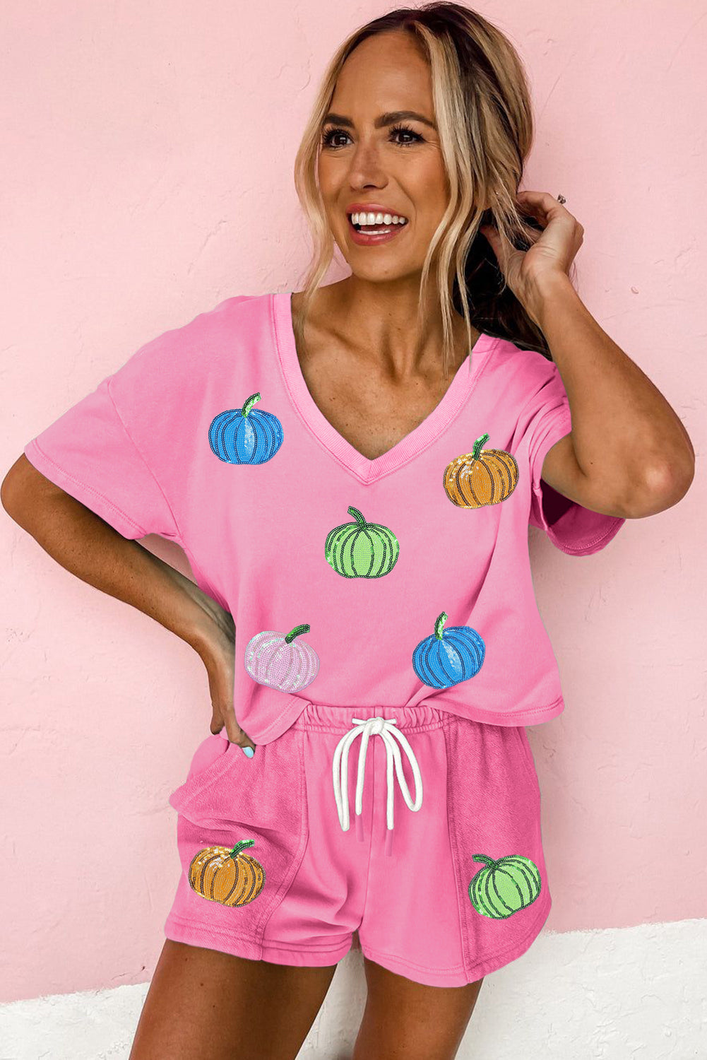 Halloween Pumpkin Pattern V Neck Tee and Drawstring Shorts Set