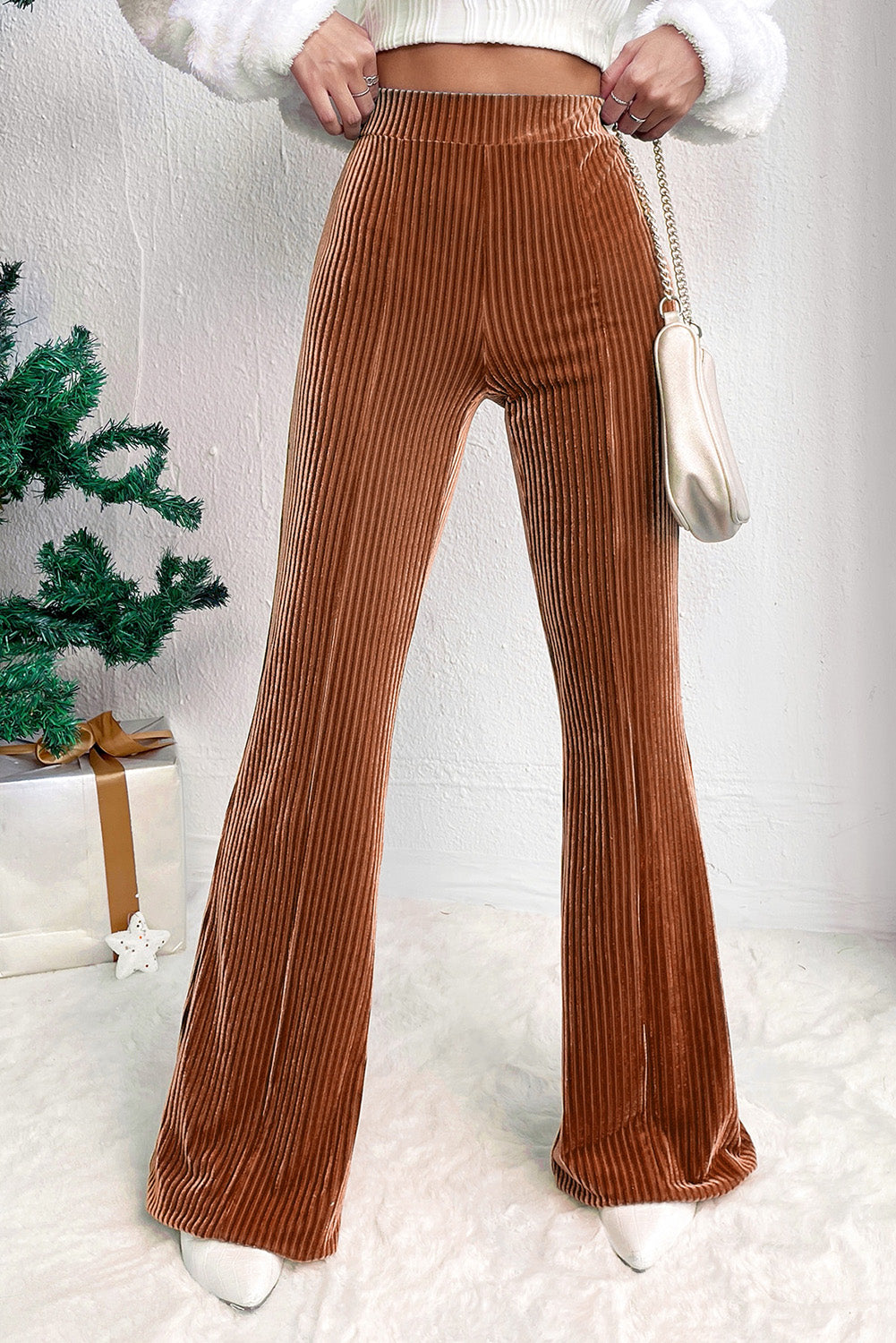 Chestnut Solid Color High Waist Flare Pants