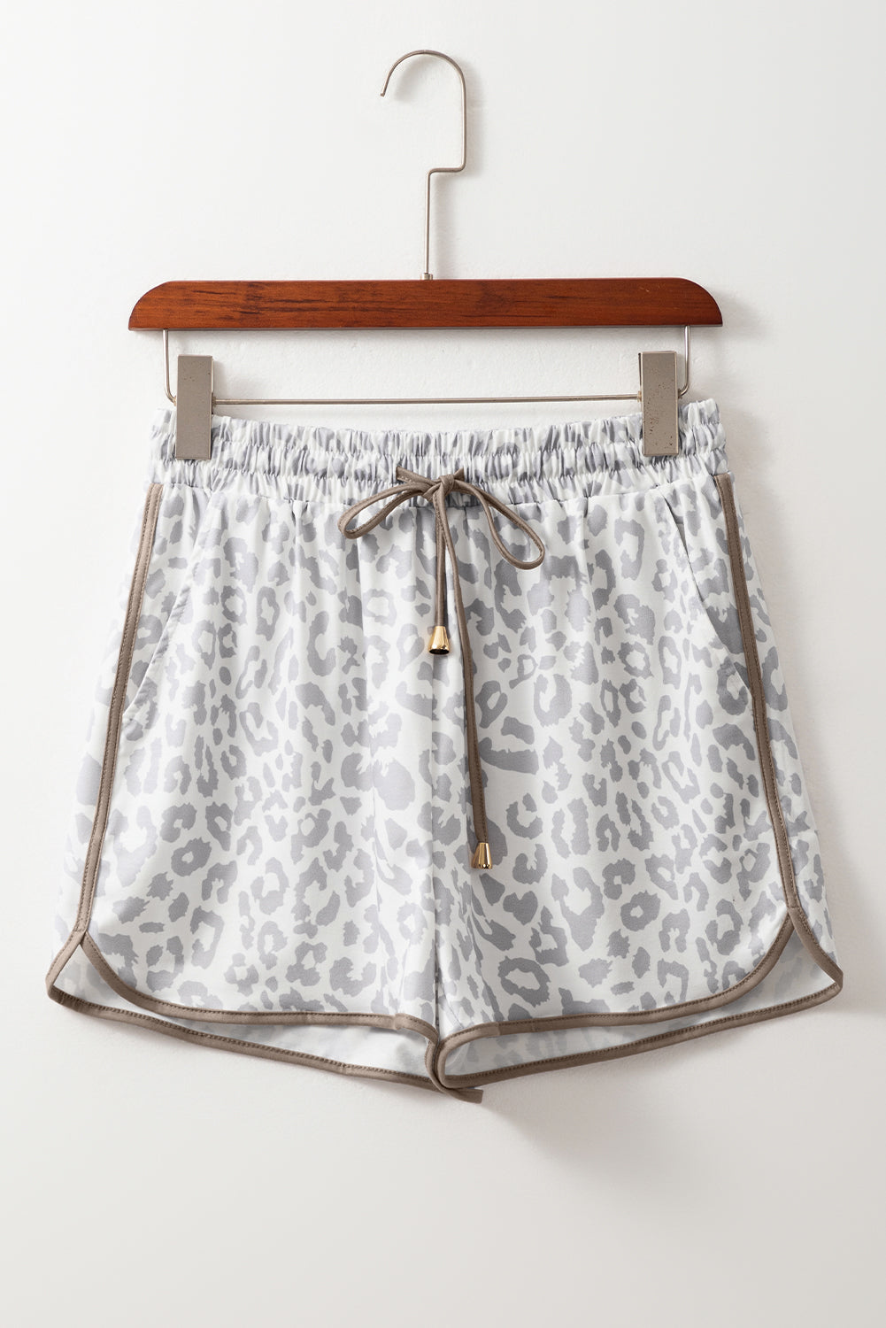 White Leopard Elastic Waist Lace up Casual Shorts