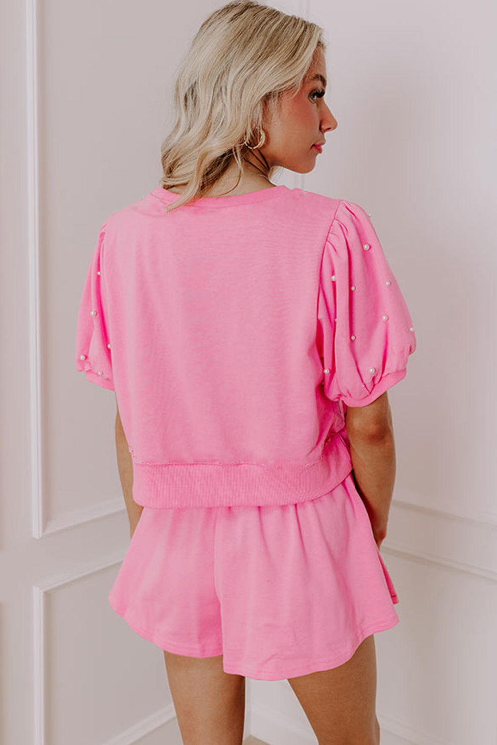 Pink Bow Trim Pearl Blouse and Skort Set
