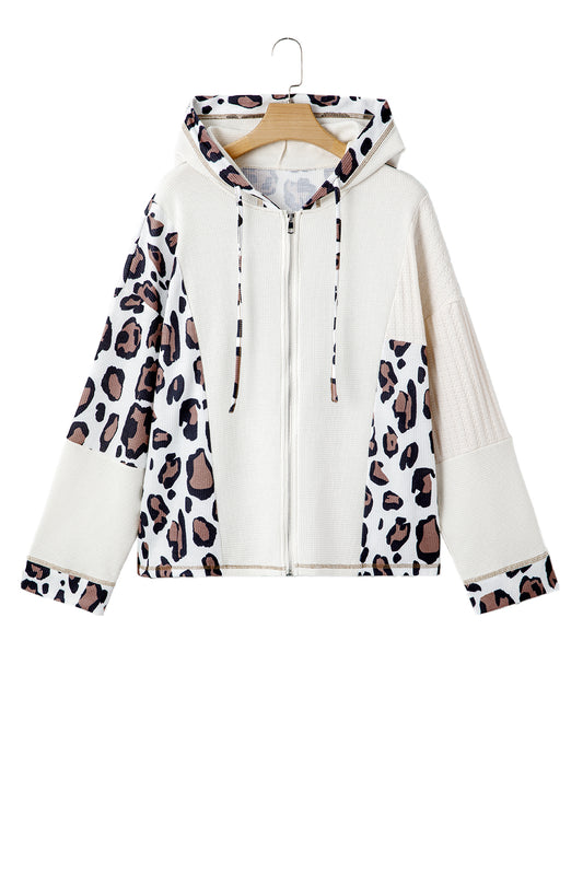Apricot Leopard Zip Up Drop Shoulder Hoodie