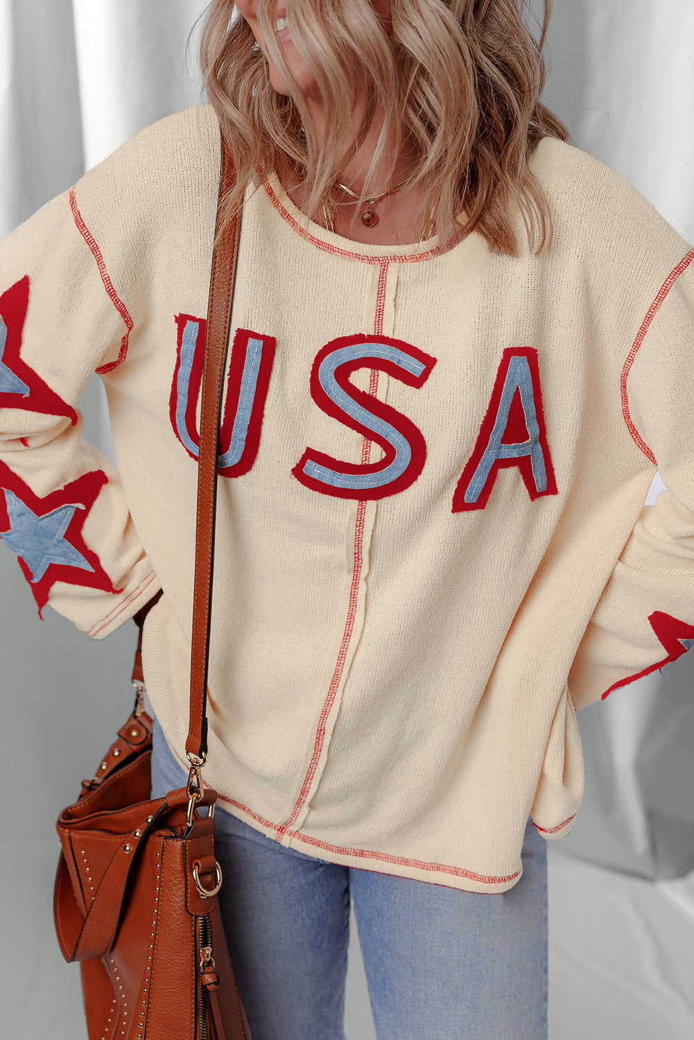 Beige USA Star Long Sleeve Top