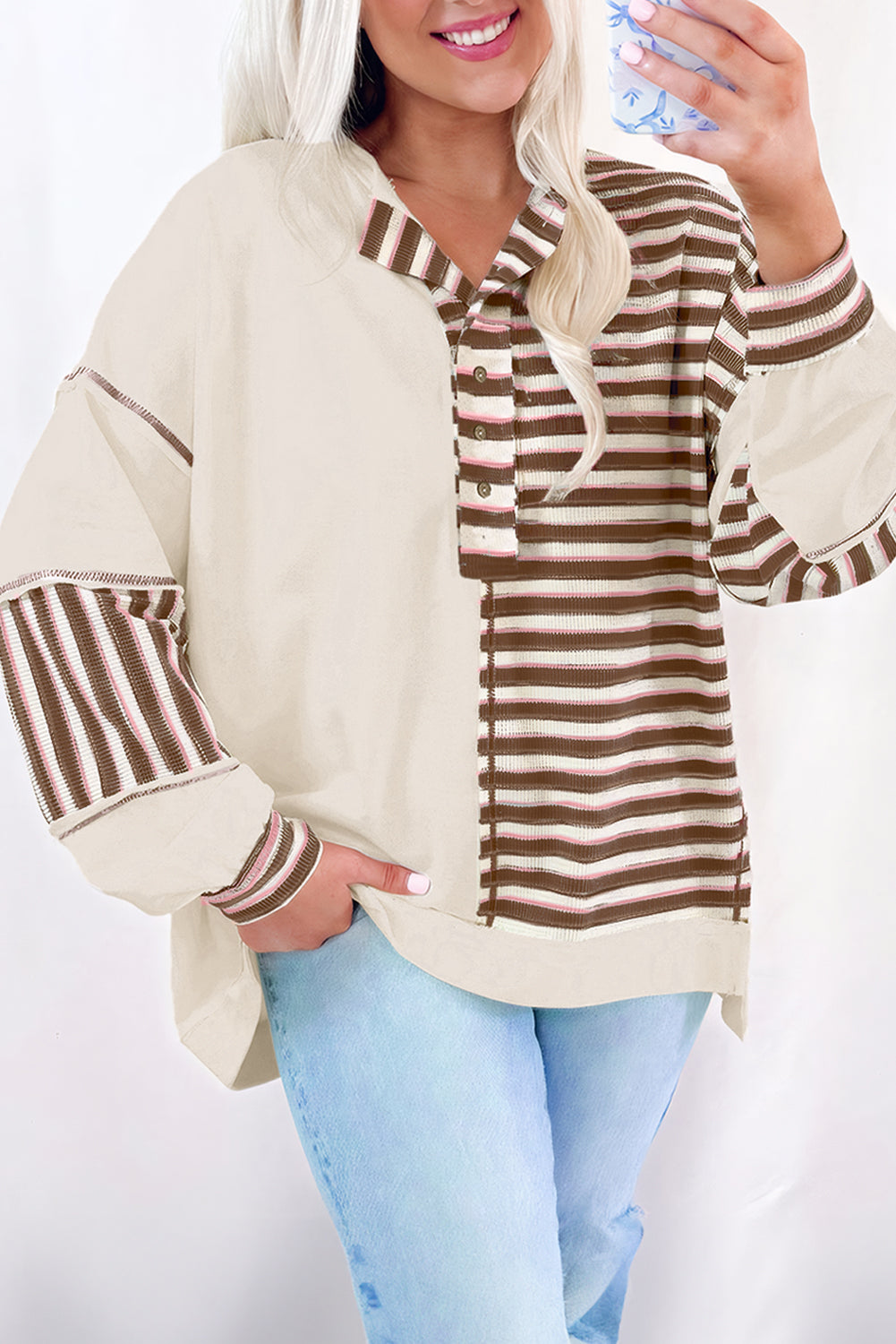 Pink Striped Oversized Pullover Top