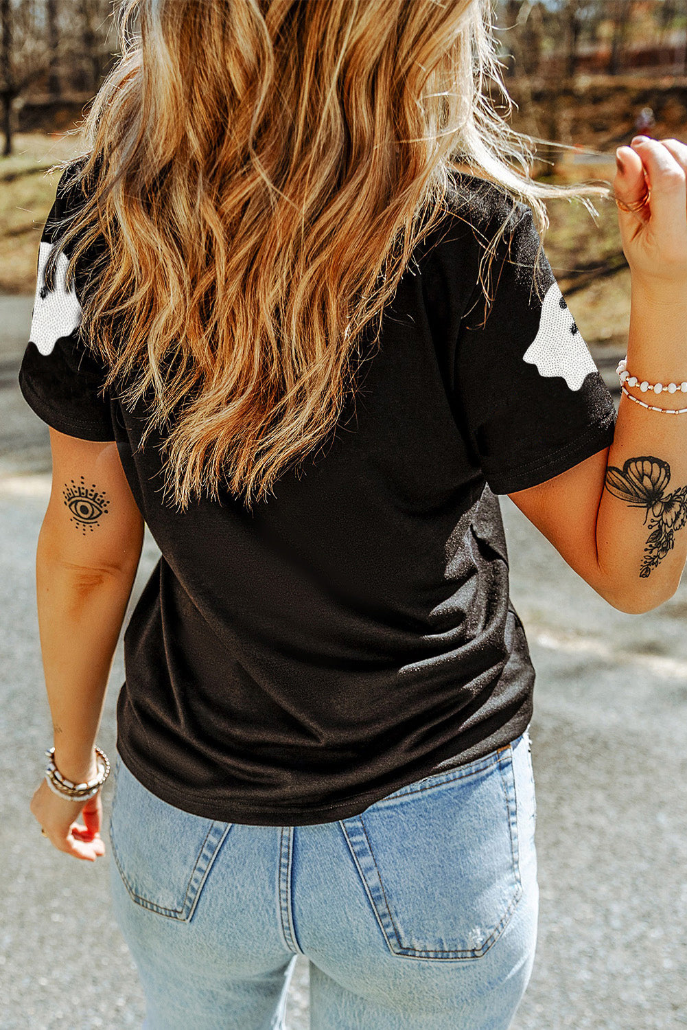 Pink Halloween Ghost Patched Casual T Shirt