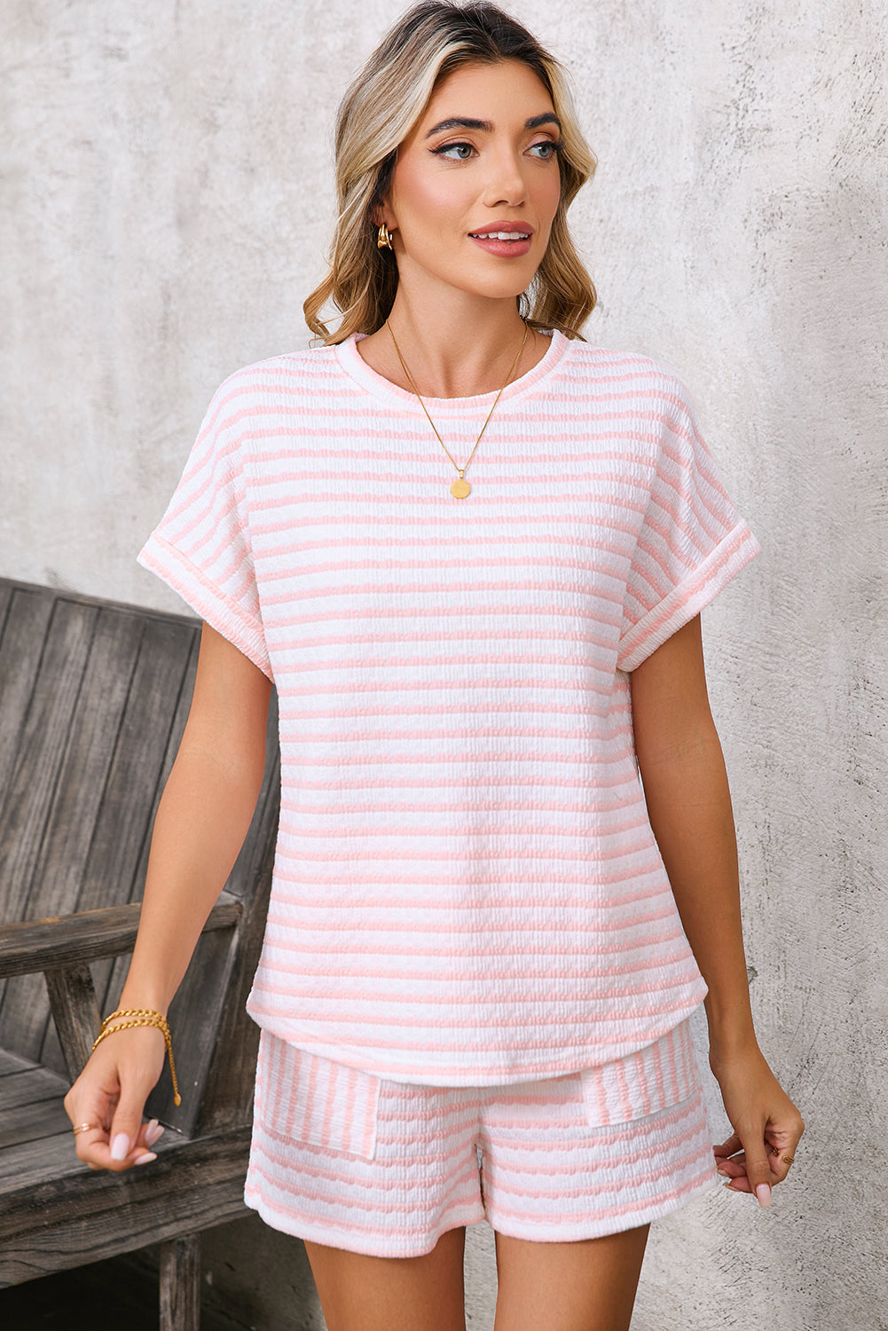 Pink Striped Short Sleeve Top and Pocket Shorts Set