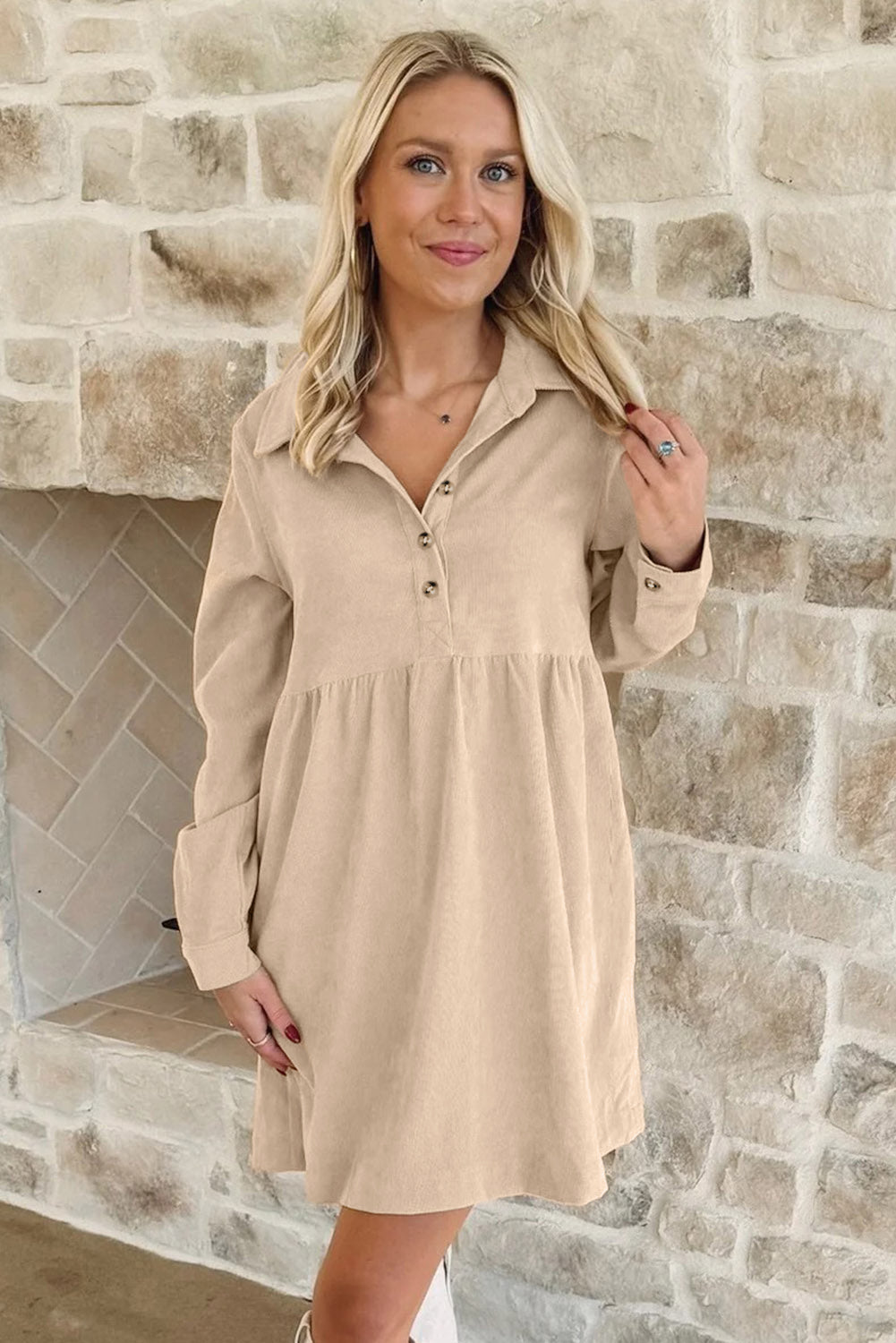 Oatmeal Half Button Collared Long Sleeve Mini Dress