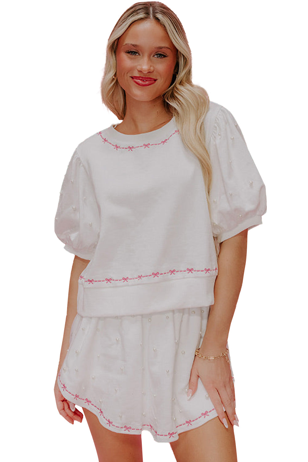 Pink Bow Trim Pearl Blouse and Skort Set