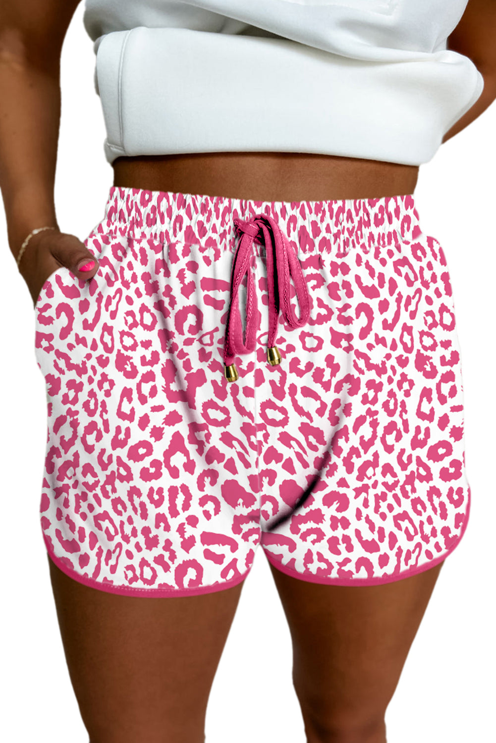 White Leopard Elastic Waist Lace up Casual Shorts