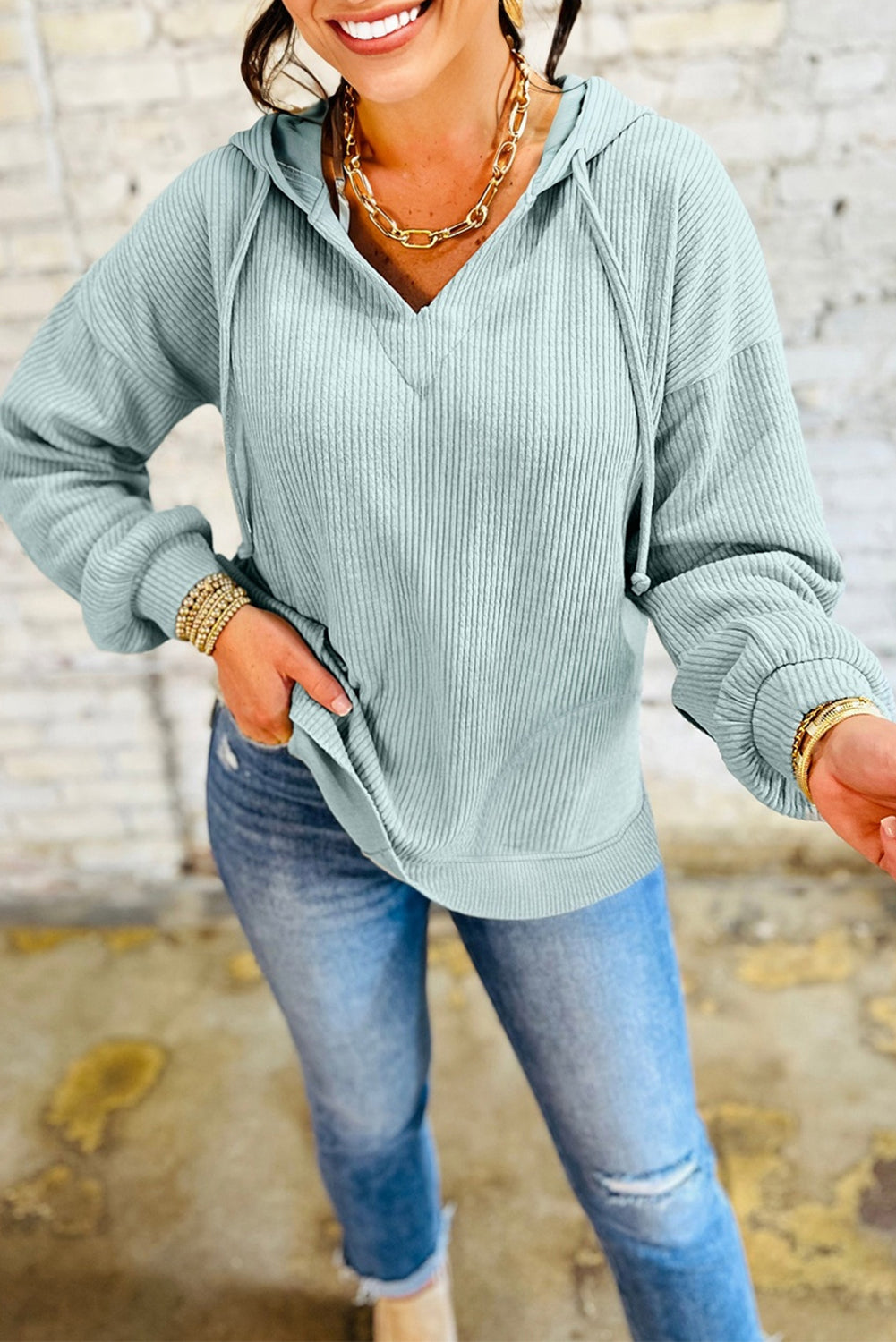 Aqua Ribbed Drop Shoulder Knit Hoodie