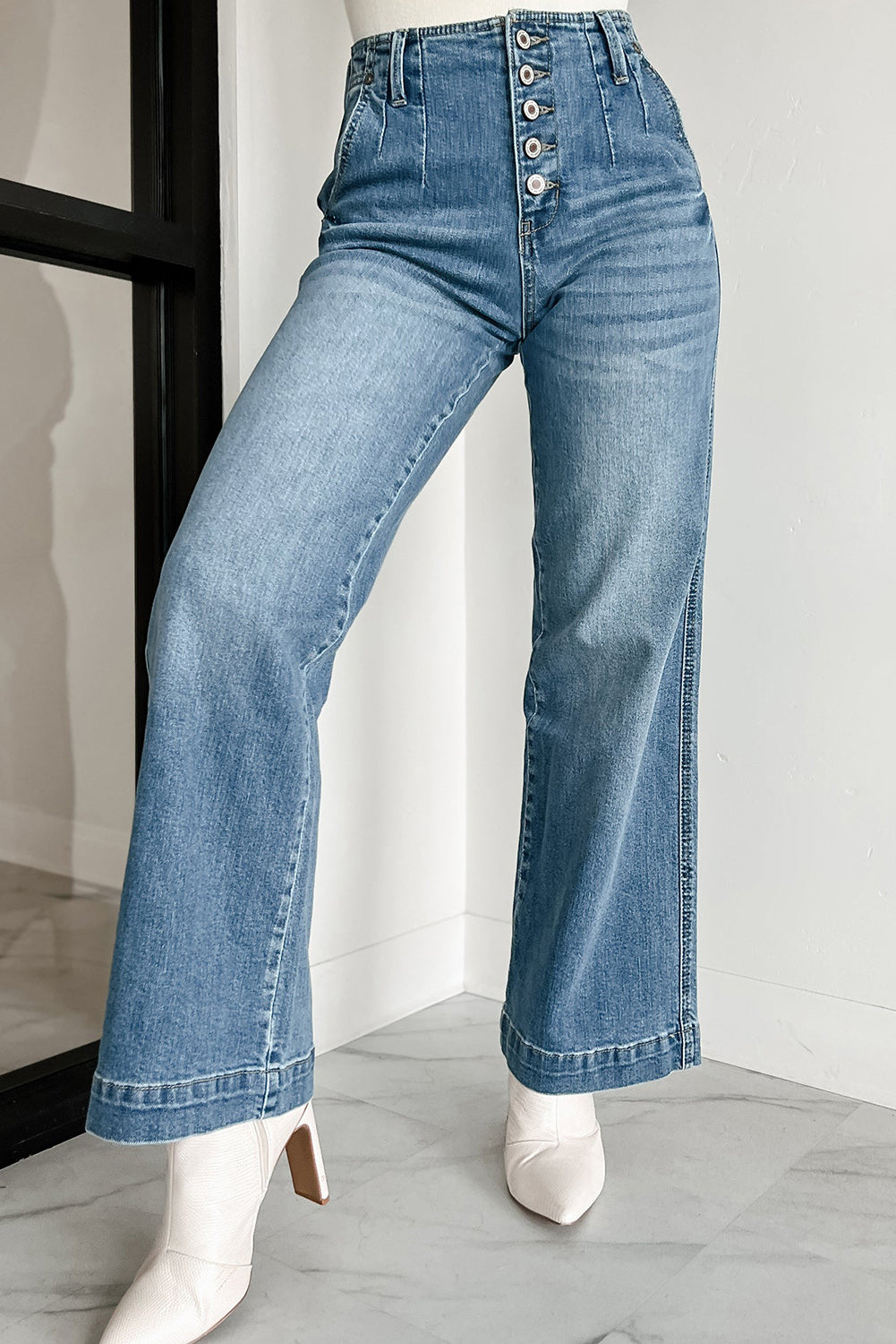 Blue Multi Button Waist Straight Leg Jeans