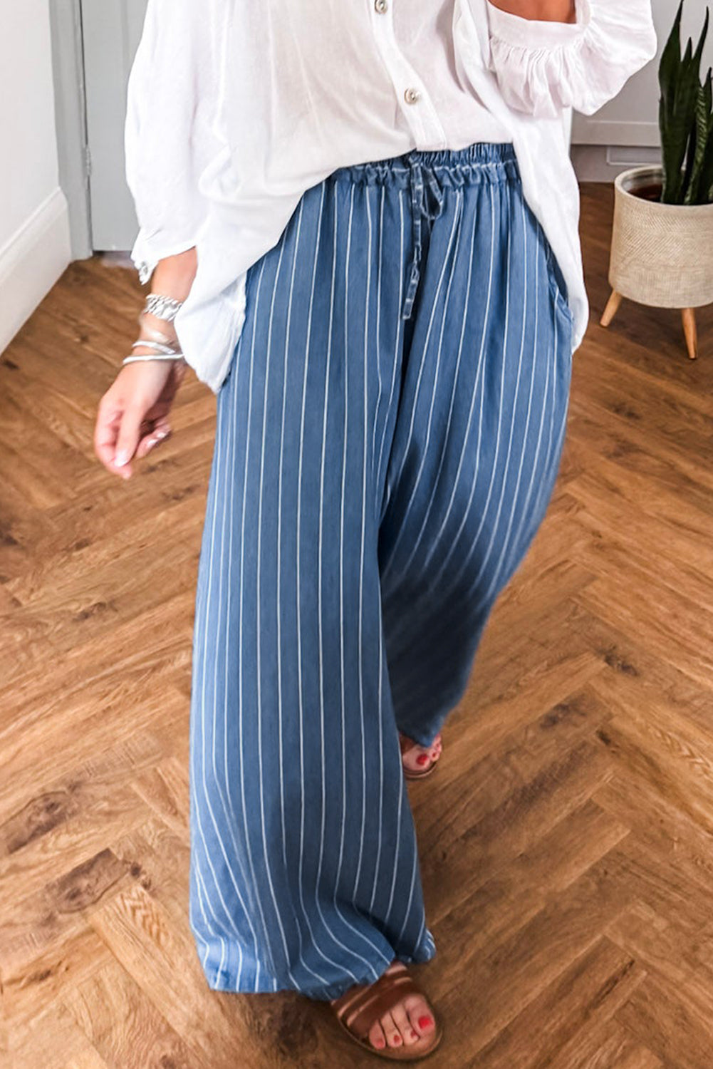 Blue Stripe Wide Leg Tied Elastic Waist Bottoms