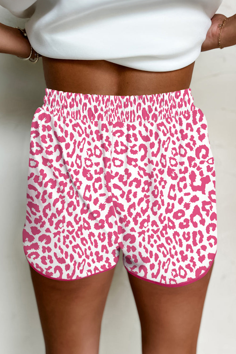 White Leopard Elastic Waist Lace up Casual Shorts