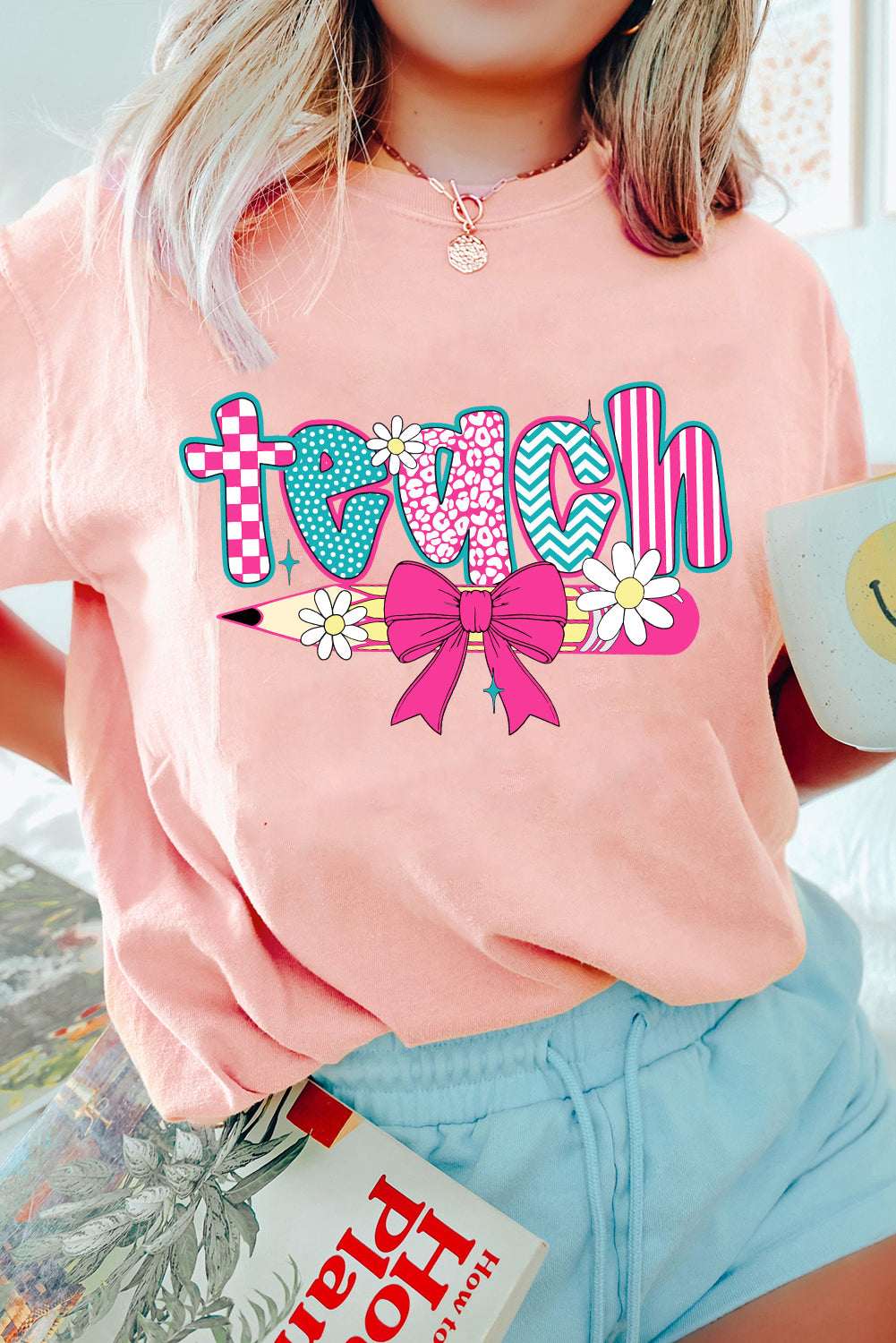 Pink Checkered teach and Bow Pencil Graphic T Shirt