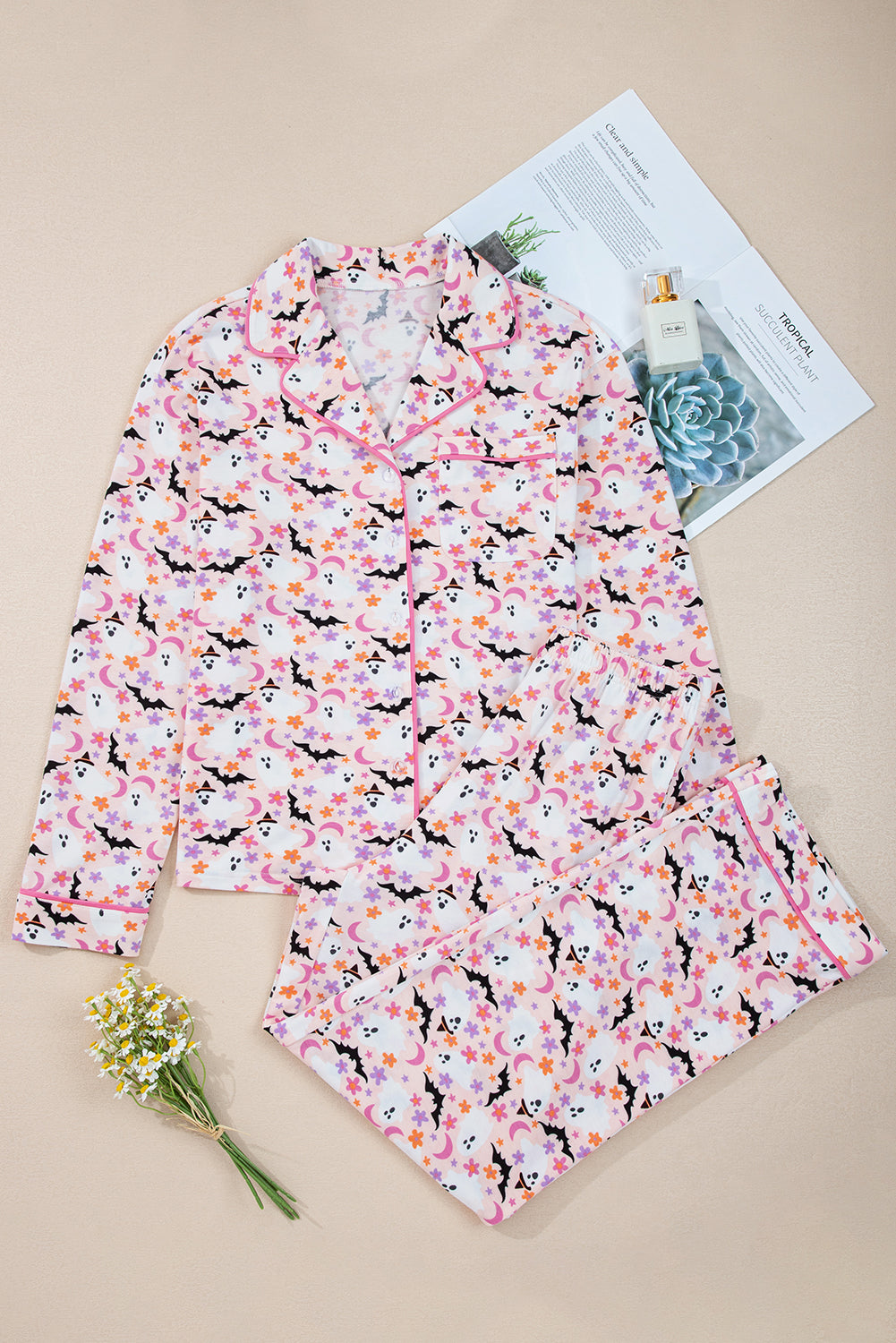 Pink Ghost Print Long Pajama Set