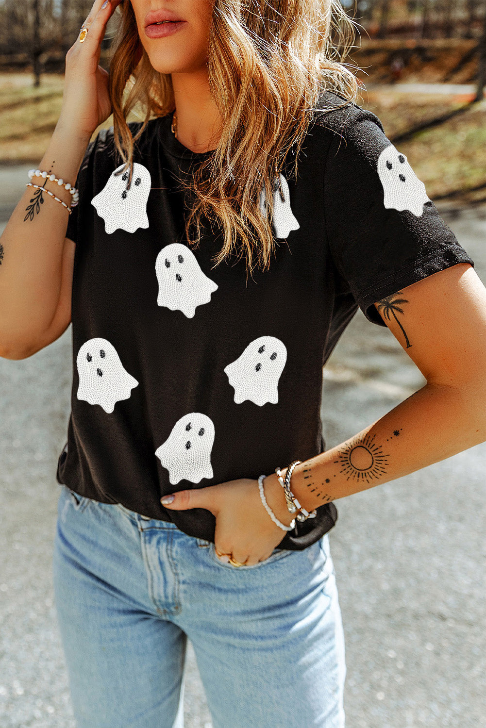 Pink Halloween Ghost Patched Casual T Shirt