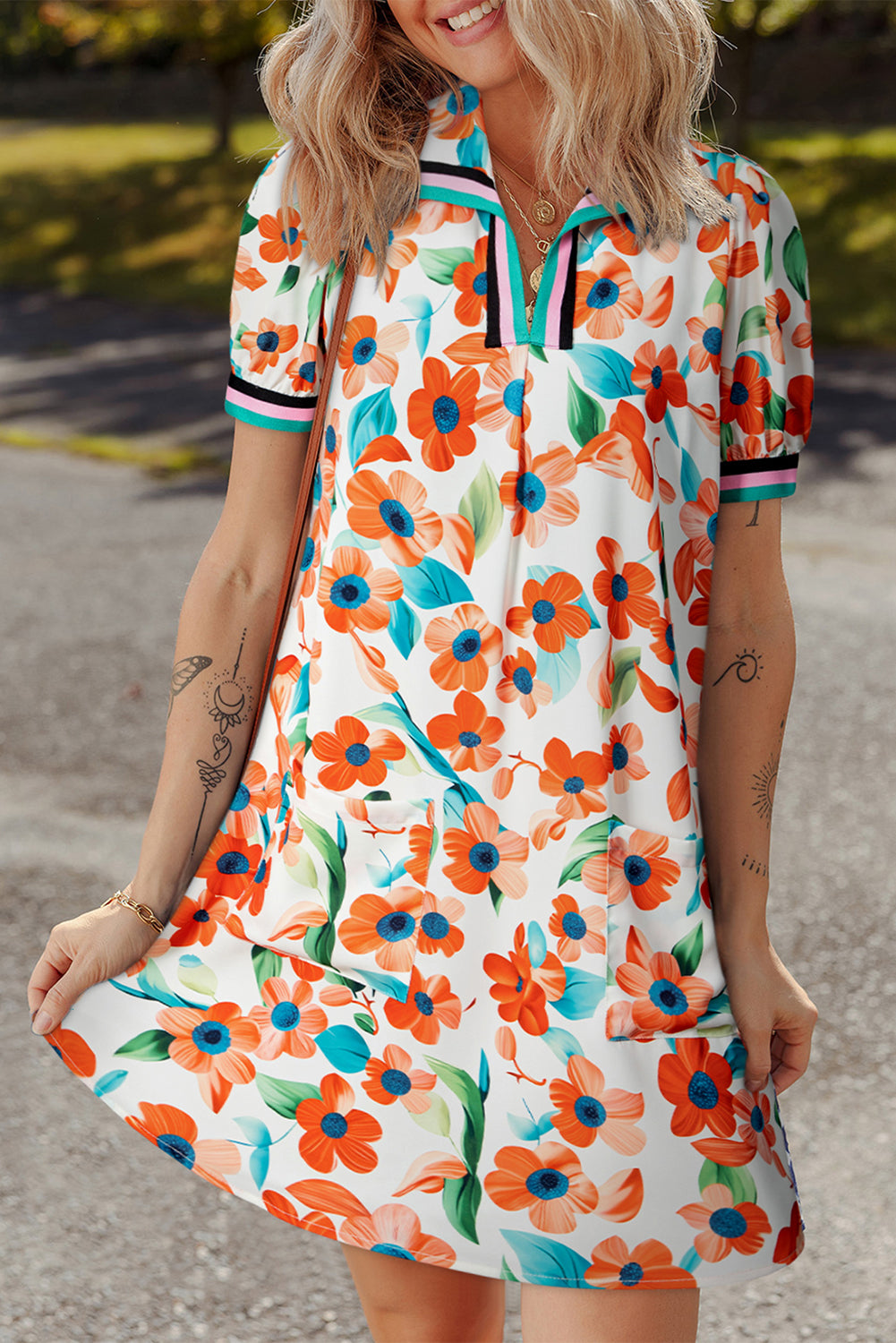Split Neck Puff Sleeve Floral Mini Dress