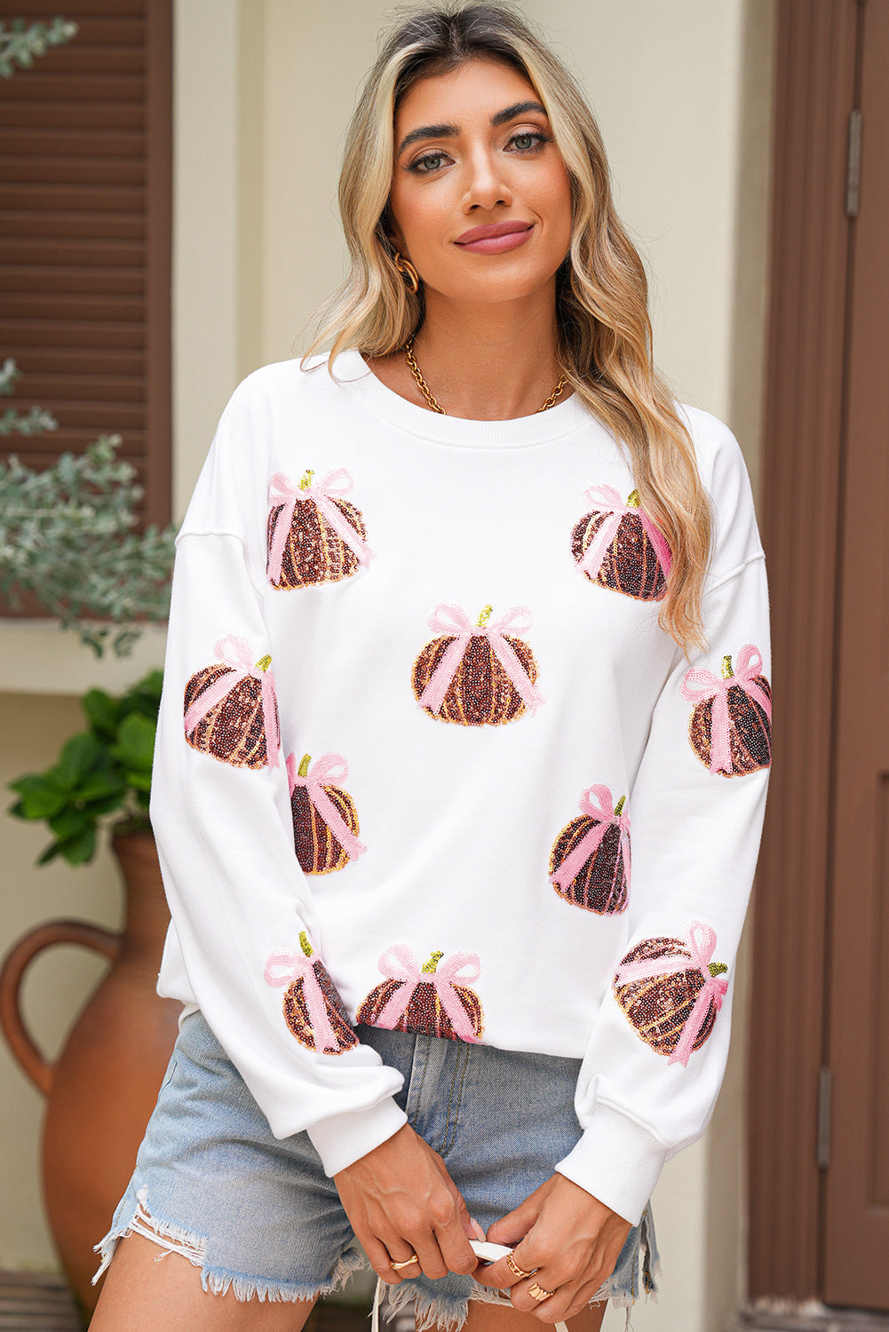 White Sequin Bow Pumpkin Baggy Sweatshirt