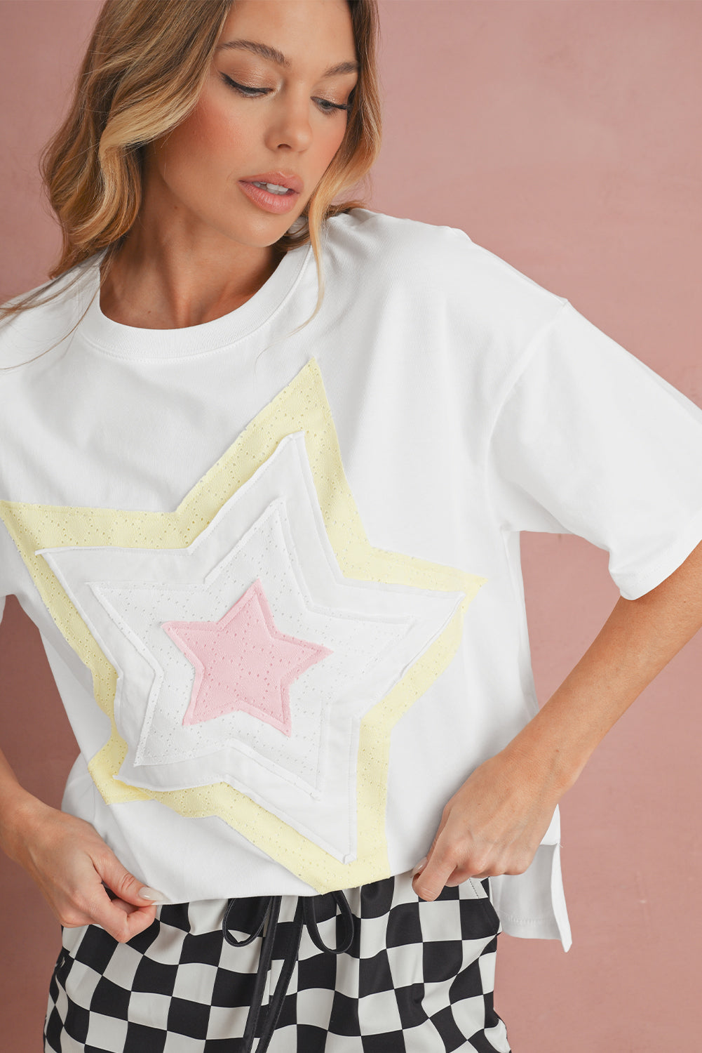 White Star Patched Drop Shoulder Half Sleeve Loose Tee
