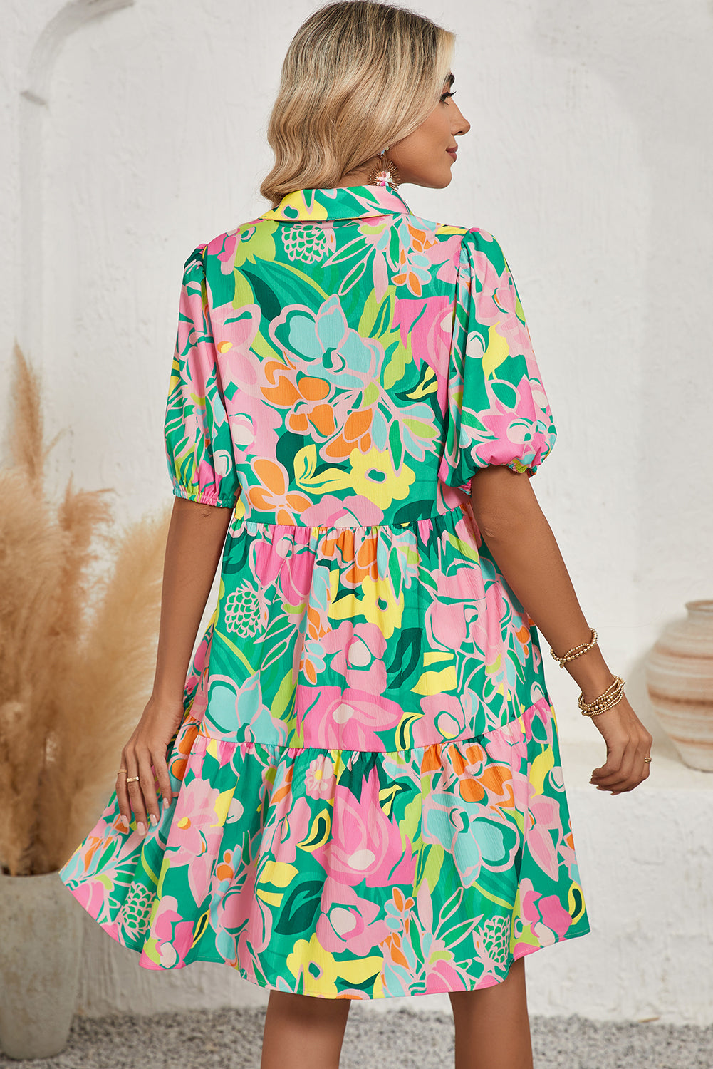 Green Floral Puff Sleeve Dress