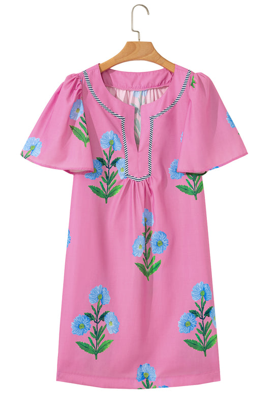 Short Sleeve Split Neck Floral Mini Dress