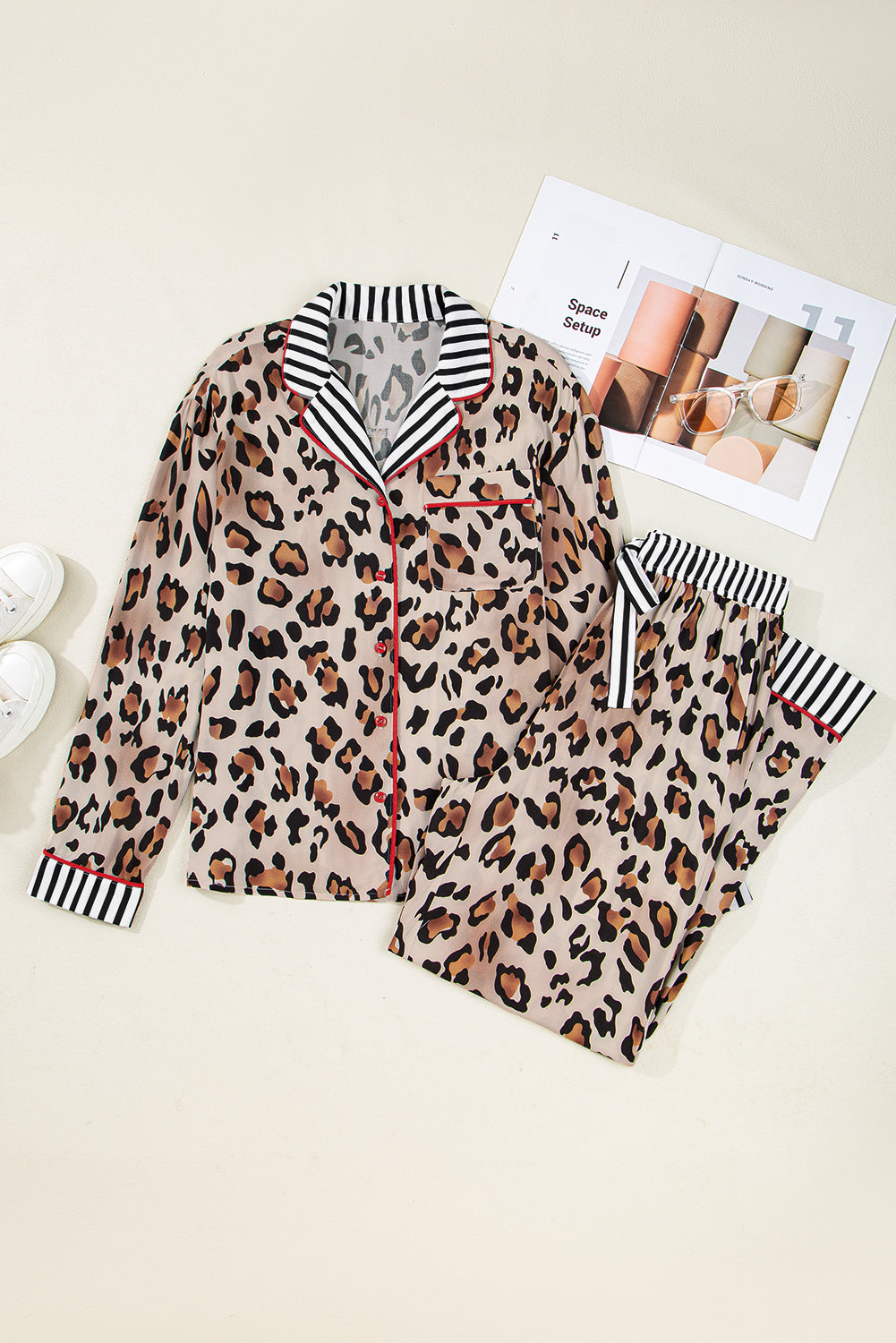 Leopard Print Striped Patchwork Shirt and Pants Pajama Set