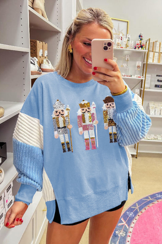 Blue Sequin Nutcracker Textured Sleeve Patchwork Sweatshirt