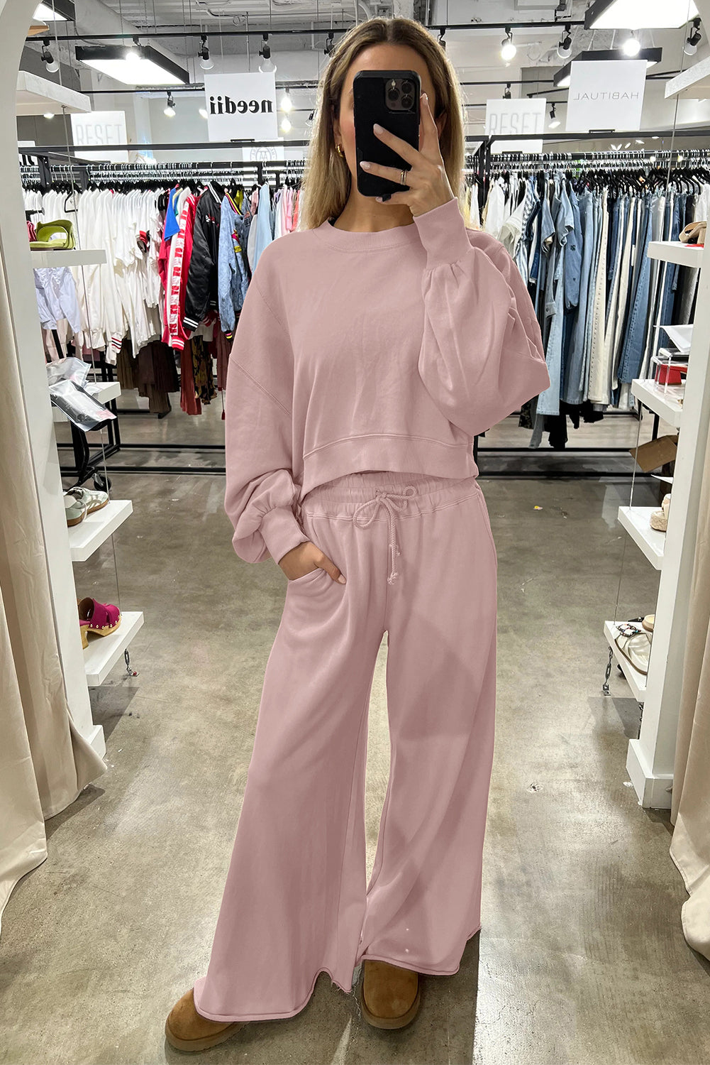 Light Pink Crop Pullover Drawstring Wide Leg Pants Set